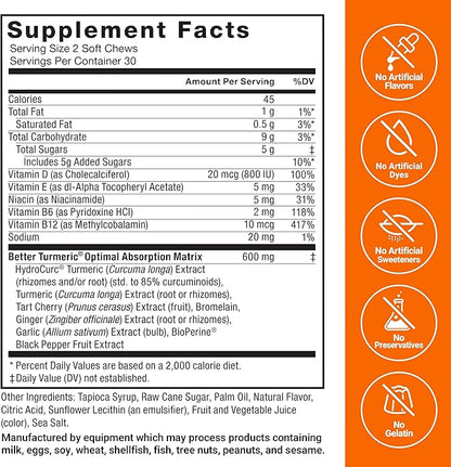 FORCE FACTOR Better Turmeric Supplement 400mg with Black Pepper & Ginger, Extra Strength Joint Support, Superior Absorption, Like Turmeric Gummies, Fruit Splash, 60 Turmeric Chews