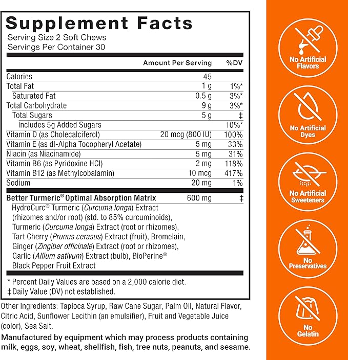 Force Factor Better Turmeric Joint Support Supplement for Extra Strength Joint Health, Featuring HydroCurc Turmeric Curcumin with Black Pepper for Superior Absorption, Fruit Splash, 180 Soft Chews