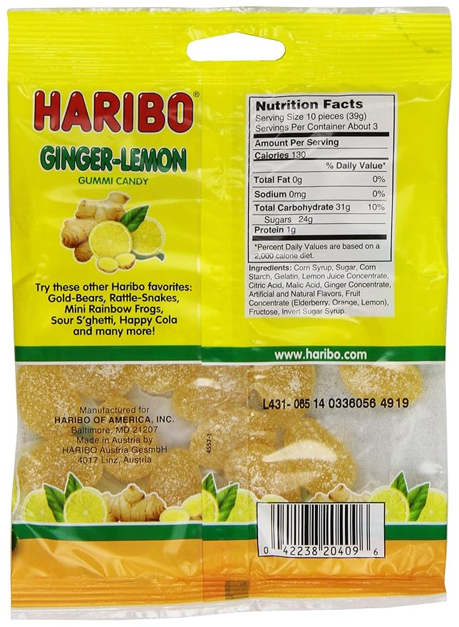 HARIBO Gummi Candy, Ginger-Lemon Gummy Candy, 4 Ounce Share Size Bags (Pack of 12) Delicious Soft & Chewy Sweet Snacks, Zesty Lemon & Warm Ginger Flavor