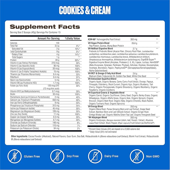 VitaHustle ONE Vegan Cookies & Cream Protein Powder - 20g Plant Protein Meal Replacement with 86+ Superfoods & Greens, Probiotics + No Bloat Digestive Blend - Dairy Free, Gluten Free (15 Servings)