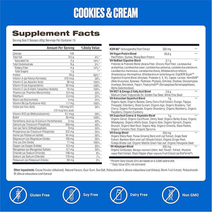 VitaHustle ONE Vegan Cookies & Cream Protein Powder - 20g Plant Protein Meal Replacement with 86+ Superfoods & Greens, Probiotics + No Bloat Digestive Blend - Dairy Free, Gluten Free (15 Servings)
