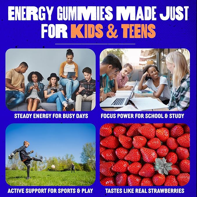 SAM+LEO Vitamin B Complex Gummies with Biotin for Kids & Teens - Caffeine-Free Focus & Energy Support Supplement Gummies | Vegan & Gluten Free Supplement - Strawberry Flavor (60 Count)