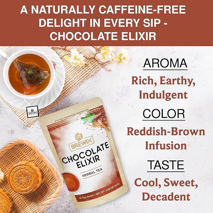 BREWIX, Chocolate Elixir Rooibos Herbal Tea (30 Pyramid Tea Bags) | Rooibos with Cinnamon, Spearmint, Peppermint | Dessert Tea | Chocolate Tea