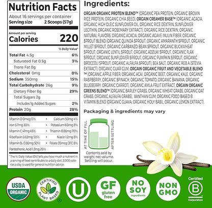 Orgain Organic Vegan Meal Replacement Protein Powder, Vanilla Bean - 20g Plant Based Protein, Gluten Free, Dairy Free, Lactose Free, Soy Free, No Sugar Added, For Smoothies & Shakes - 2.03lb