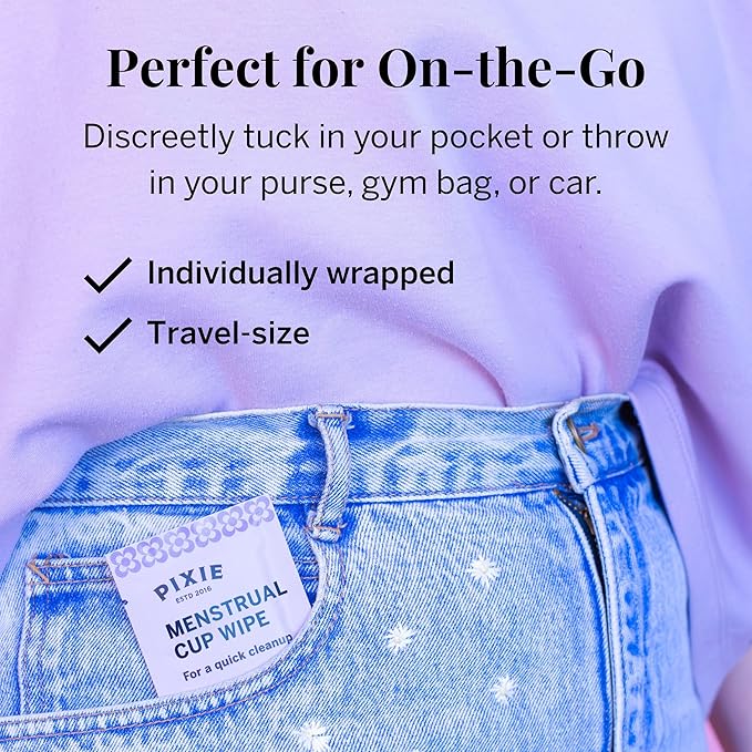 Pixie Feminine Wipes - Flushable, Biodegradable, & Ph Balanced - Individually Wrapped Packet Wipes for On The Go & Public Bathrooms - Wash & Cleaner For Your Menstrual Cups & Discs (1 Pack of 20)