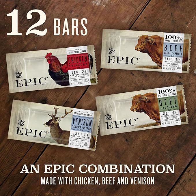 Epic Provisions Protein Bars Variety Pack, Venison, Chicken, and Beef Flavors, Keto and Paleo Friendly, 12 ct