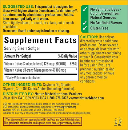 Nature Made Vitamin D3 K2 Supplement, 5000 IU (125 mcg) Vitamin D for Bone, Teeth, Muscle and Immune Support, 30 D3 and K2 Softgels, 30 Day Supply