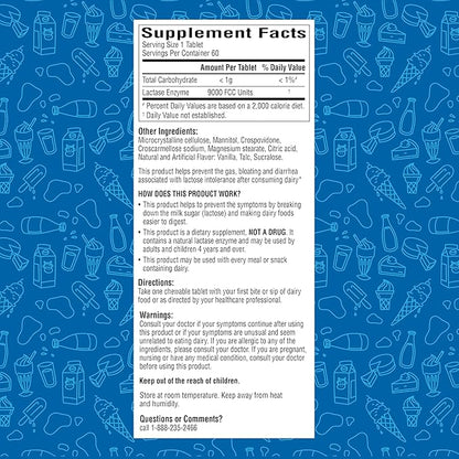A+Health Dairy Relief Lactase Enzyme 9000 FCC Chewable Tablets, 60 Count, Fast Acting, Dye-Free, Dietary Supplement, Vanilla Flavor, Single Serve Pouches, for Adults and Children 4 Years and Up