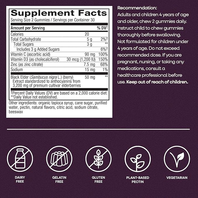 Nature’s Way Sambucus Elderberry Gummies, Immune Support Gummy for Adults & Kids Ages 4+ with Black Elderberry Extract, Vitamin C, Vitamin D3, and Zinc*, 60 Gummies