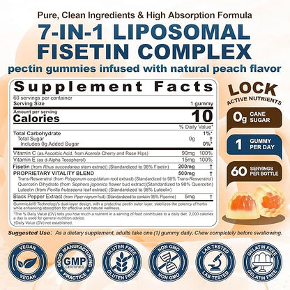Liposomal Fisetin Complex Gummies - Healthy Aging & Cellular Renewal Support - 98% Purity Fisetin Supplement w/Trans-Resveratrol, Quercetin, Luteolin, Vitamin C & E, 1-A-Day, Vegan 120 Servings