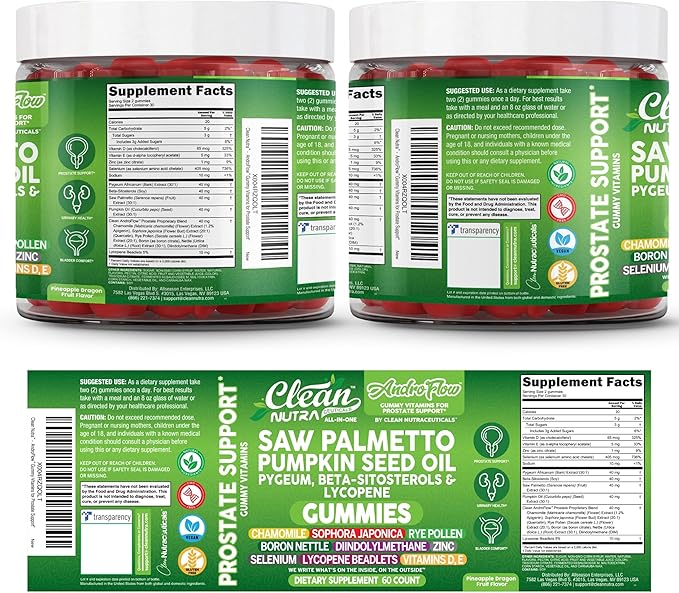 AndroFlow Saw Palmetto and Pumpkin Seed Oil Prostate Health Supplements for Men Pygeum Beta Sitosterol Lycopene Boron Zinc Selenium DIM Stinging Nettle Vitamin D, 60 Gummy Supplements By Clean Nutra