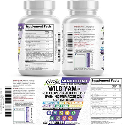 Clean Nutra Wild Yam Root Capsules with Red Clover Black Cohosh Evening Primrose Oil Chasteberry Dong Quai DIM Ashwagandha Grape Seed Extract Milk Thistle Lemon Balm and more Hormone Balance For Women