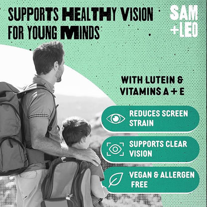 SAM+LEO Eye Vitamin Gummies with Lutein & Zeaxanthin for Kids & Teens - Eye & Vision Health Support Supplement Gummies + Vitamins A, E, & C | Vegan & Gluten Free Supplement - Orange Flavor (60 ct)
