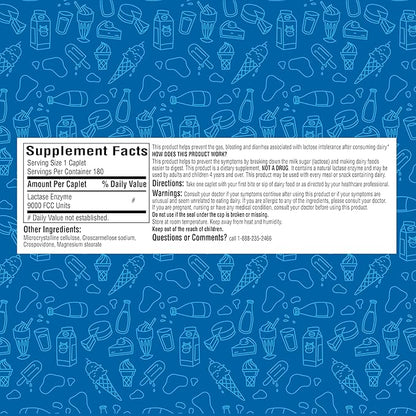 A+Health Dairy Relief Lactase Enzyme 180 Count, 9000 FCC Caplets, Fast Acting, Dye-Free, Dietary Supplement, Helps Prevent Gas, Bloating, Diarrhea Associated with Lactose Intolerance