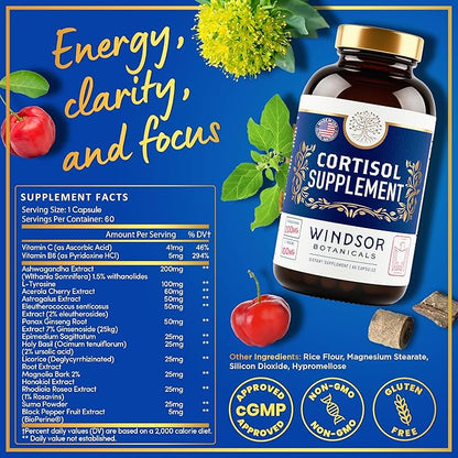 15-IN-1 Cortisol Supplements for Women & Men - Cortisol Reducer, Manager with Ashwagandha, Acerola, L-Tyrosine, Vitamin C, B6 - Mood, Stress Relief, Restful Sleep Support - 60 Capsules, 60-Day Supply