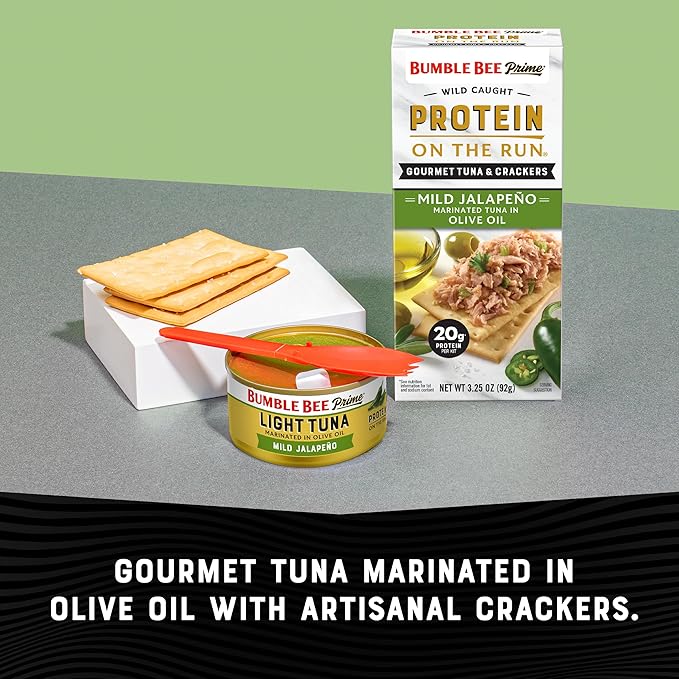 Bumble Bee Prime Protein on the Run Tuna Snack Kit - Gourmet Tuna Marinated in Olive Oil & Mild Jalapeno with Crackers and Serving Utensil - 20g of Protein Per Serving, Easy Open Can