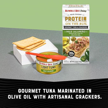 Bumble Bee Prime Protein on the Run Tuna Snack Kit - Gourmet Tuna Marinated in Olive Oil & Mild Jalapeno with Crackers and Serving Utensil - 20g of Protein Per Serving, Easy Open Can