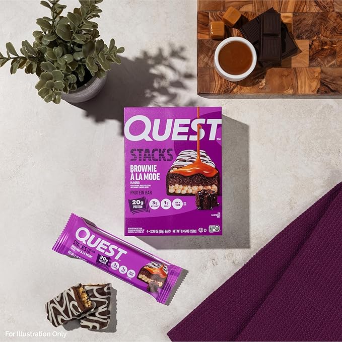 Quest Nutrition Stacks Protein Bars, Brownie a la Mode Flavor, 20g Protein, 3g Net Carbs, 1g Sugar, High Fiber, Low Sugar, Gluten Free, 12 Count