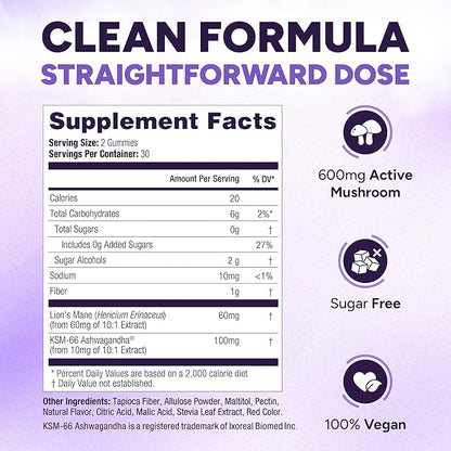 Sugar Free Lions Mane Supplement Gummies with KSM-66 Ashwagandha - Nootropic Supplement for Cognition, Brain Fog, Mental Clarity, Focus & Stress Support - Natural Berry Flavor, Vegan, Made in USA
