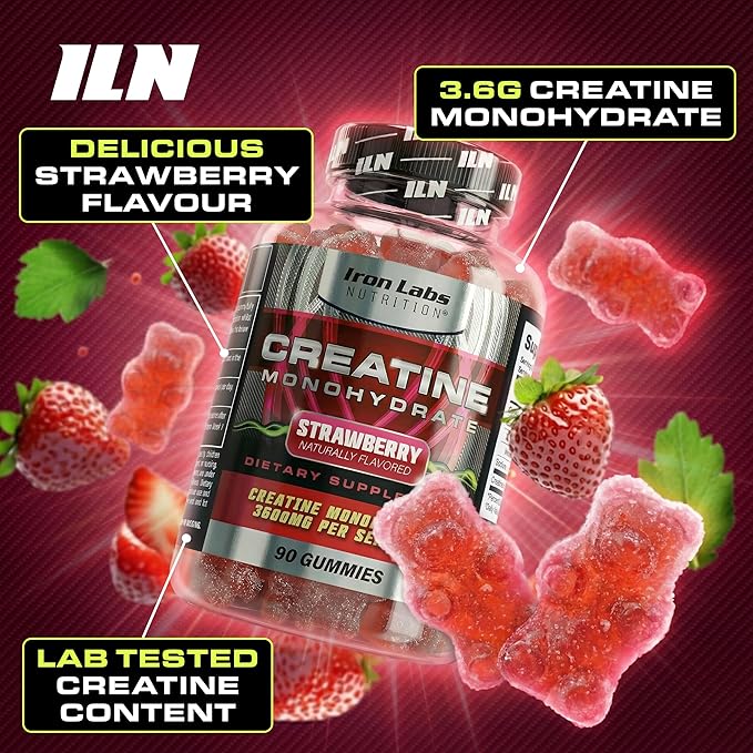 Iron Labs Nutrition Creatine Monohydrate Gummies (90 Gummy Bears) - 3600mg Per Serving - LAB Tested - Strawberry Flavor - High Strength Creatina for Men & Women (90 Vegan Gummys)
