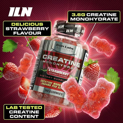 Iron Labs Nutrition Creatine Monohydrate Gummies (90 Gummy Bears) - 3600mg Per Serving - LAB Tested - Strawberry Flavor - High Strength Creatina for Men & Women (90 Vegan Gummys)