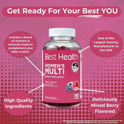 Women’s Multivitamin Gummies, Multivitamin for Women with Biotin, Folic Acid, Vitamins A,C,D,E,Natural Mixed Berry Flavor (180ct)