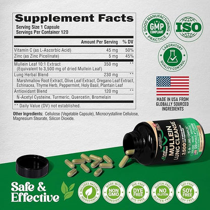 Mullein Leaf Extract for Lung Detox - Marshmallow Root | Echinacea | Oregano | Quercetin | NAC - 15-in-1 Lung Support & Cleanse for Smokers Supplement - Made in USA - As Drops, Tincture - 120 Capsules