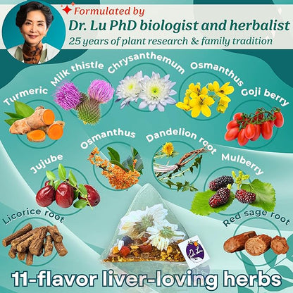 Dr. Lu’s Happy Liver Tea | 100% Natural Liver Cleanse Detox & Repair Tea Made in US | 11-Flavor Milk Thistle, Turmeric, Chrysanthemum, Licorice Root, Dandelion Root tea Blend for Liver Support