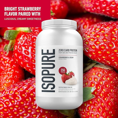 Isopure Zero Carb 100% Pure Whey Isolate Protein Powder, Gluten Free, With Vitamins, Strawberries & Cream, 25g Protein Per Serving, 3 Lbs, 44 Servings (Packaging May Vary)