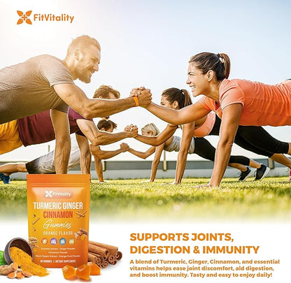 Premium 60 Turmeric Ginger Cinnamon Gummies – with Vitamin E, B12, Magnesium, Black Pepper Extract & Vitamin D3 – Orange Fruit Flavor - Vegan Gummies