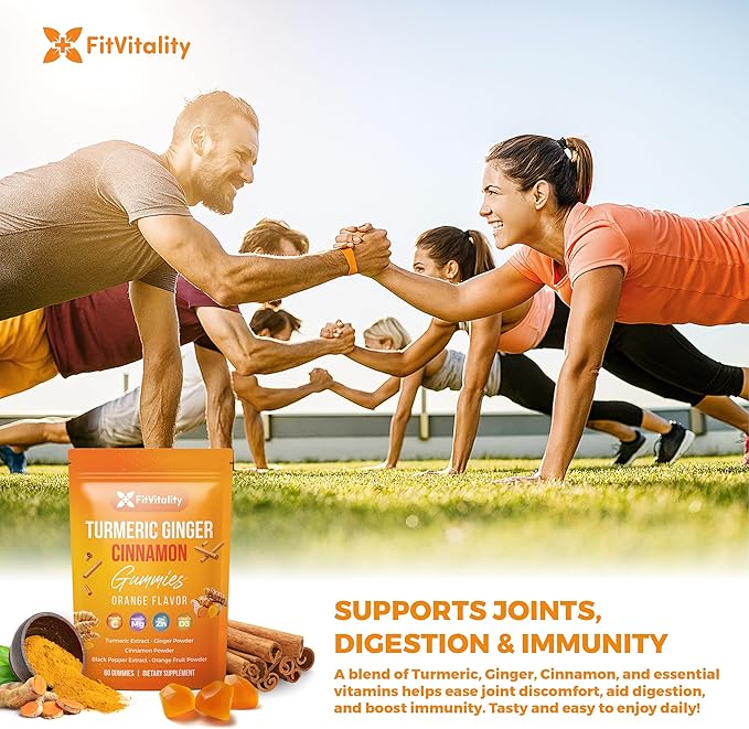 Premium 120 Turmeric Ginger Cinnamon Gummies – Vegan Gummies with Vitamin E, B12, Magnesium, Black Pepper Extract & Vitamin D3 – Orange Fruit Flavor
