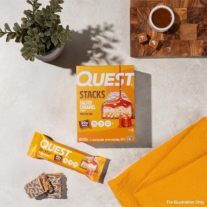 Quest Nutrition Stacks Protein Bars, Salted Caramel Flavor, 20g Protein, 2g Net Carbs, 1g Sugar, High Fiber, Low Sugar, Gluten Free, 4 Count