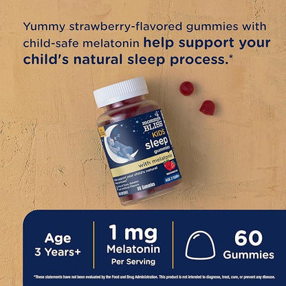 Mommy's Bliss Kids Sleep Gummies with Melatonin, Support Your Natural Sleep Process, Age 3 Years to Adults, Strawberry Flavor, 1G of Sugar, 60 Gummies (Pack of 3)