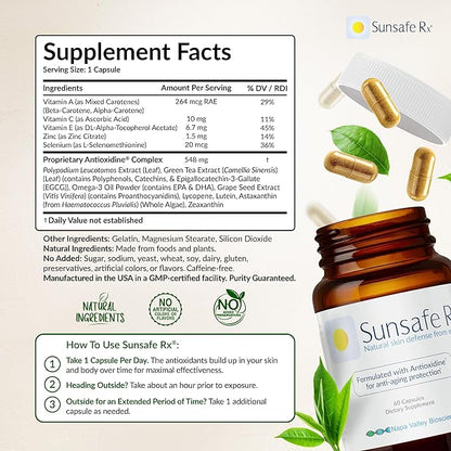 Sunsafe Rx Anti Aging Supplement: Natural Skin Protection Pills with Antioxidants for a Youthful Appearance & Eye Health + Vitamins, Minerals, & 250mg Polypodium Leucotomos (60 Capsules)