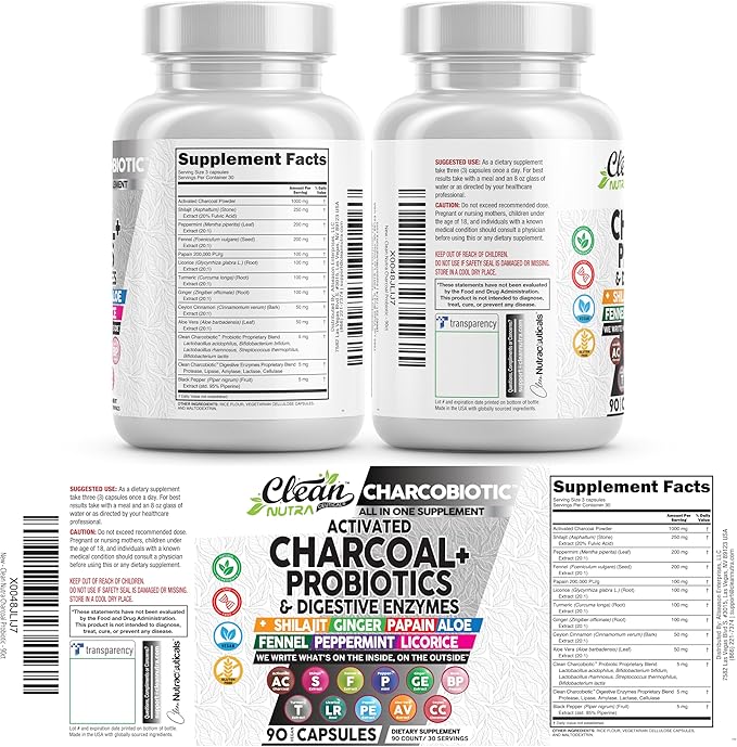 Activated Charcoal Pills for Gas Relief and Debloat, CharcoBiotic with Probiotics Digestive Enzymes Shilajit Peppermint Fennel Ginger Turmeric Licorice Root Aloe Vera Ceylon Cinnamon, Clean Nutra 90ct