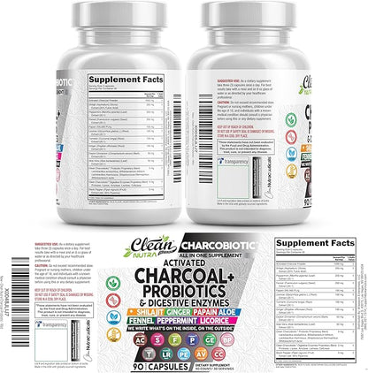 Activated Charcoal Pills for Gas Relief and Debloat, CharcoBiotic with Probiotics Digestive Enzymes Shilajit Peppermint Fennel Ginger Turmeric Licorice Root Aloe Vera Ceylon Cinnamon, Clean Nutra 90ct
