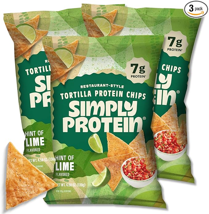 Simply Protein - Tortilla Chips, Restaurant Style Protein Chips, Hint of Lime (3-Pack) - 7g Protein, 140 Calories, Gluten Free, Vegan - Crispy Plant Based Pea Protein Snacks - 3 Bags, 4.58oz (130g)