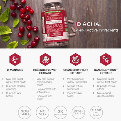 Natural D-Mannose Capsules 4-in-1 Formula - 120 CAPS, 1500 MG Cranberry, Dandelion, Hibiscus Flower Extract, Pills for Supporting Bladder and Urinary Tract Health