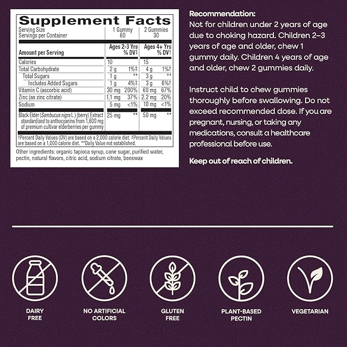 Nature’s Way Sambucus Kids Elderberry Immune Gummies with Black Elderberry Extract, Daily Immune Support Gummy with Vitamin C and Zinc for Children Ages 2+*, 60 Gummies (Set of 3)