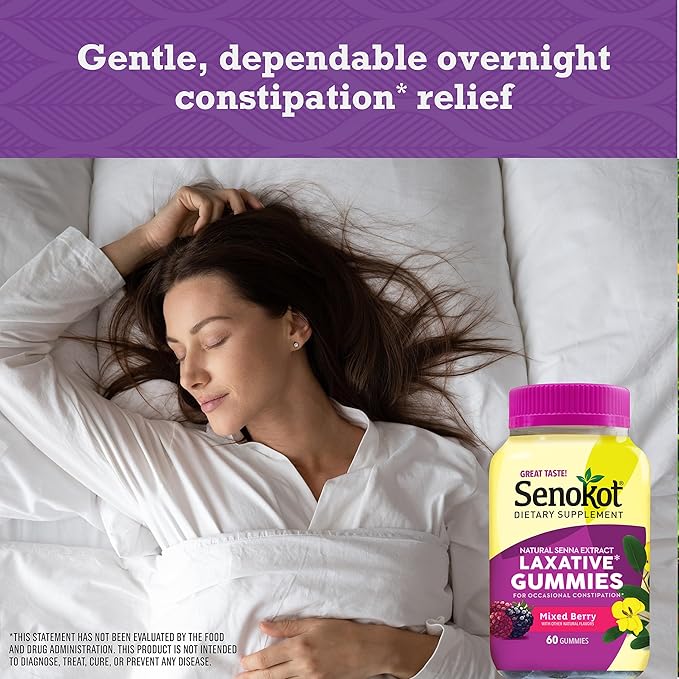 Senokot Dietary Supplement Laxative Gummies, 90 Ct, Constipation Relief, Natural Senna Extract, Gentle Overnight Laxatives for Constipation Relief, Mixed Berry Flavor