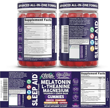 Clean Nutra Melatonin Gummies L Theanine Magnesium Valerian Root Lemon Balm Chamomile Vitamin C Gummy Saffron Sleep Aid Calm Vitamin B6 Stress Relief Hibiscus Relax Mood Happy Supplement Men Women