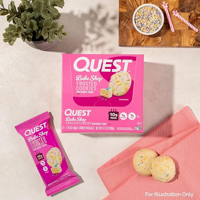 Quest Nutrition Frosted Cookies Twin Pack, Birthday Cake, 1g Sugar, 10g Protein, 1g Net Carbs, Gluten Free, 16 Cookies, (Pack of 2)