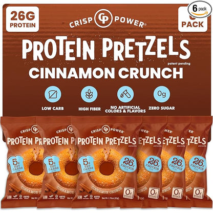 CRISP POWER Protein Pretzels, NEW Cinnamon Crunch, 26G Protein, High Protein Snack, High Fiber, Low Carb Crunchy Pretzel Snacks, No Added Sugar, 1.75 oz Bags, 6 Pack, Vegan, Keto
