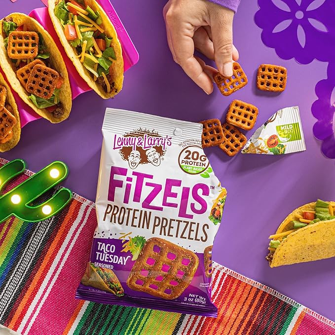 Lenny & Larry's Protein Pretzel [Taco Tuesday] FITZELS - Crunchy, Salty, Savory, Tasty Snack High in Protein - 20 g's of Plant Protein 8 Bags, 3 oz Each