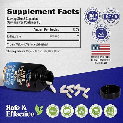 L Theanine 400 mg | L-Theanine Stress Relief | Extra Strength Supplement | Made in USA | Relaxation, Sleep & Calm Support | For Men & Women | Plant Based, Non-GMO & Gluten-Free | 180 Vegan Capsules