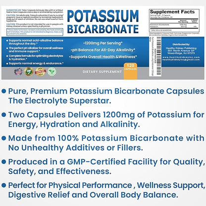 Pure Potassium Bicarbonate Supplement Capsules pH Balance Pills, High Potassium Electrolytes 1200mg Serv. USA Made Bicarbonate Food Grade, Acid-Alkaline Balance Immunity Endurance 120 caps