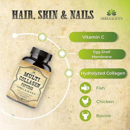 HERBALICIOUS Multi Collagen Peptides Capsules - Non-GMO & Gluten Free Type I, II, III, V, X Hydrolyzed Collagen Supplements with Vitamin C - Supports Healthy Hair, Skin, Nails, & Joints - 120 Capsules