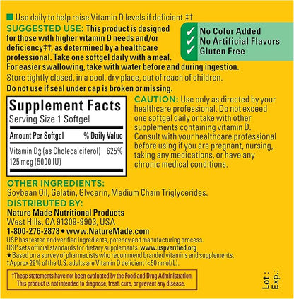 Nature Made Vitamin D3 5000 IU (125 mcg) Softgels, Extra Strength Vitamin D Supplement for Bone and Immune Health Support, 90 Softgels, 90 Day Supply