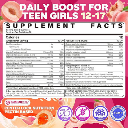 Methylated Multivitamin Gummies for Teen Girls 12-17, Methylfolate, Iron, Collagen, D3 K2, Magnesium, Zinc, Daily Vitamins A C E, B Complex for Teenager Growth, Skin, Bone, Energy - Sugar Free, 60 Cts