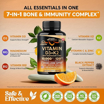 Vitamin D3 K2 - Vitamin D3 10000 iu & K2 as MK-7 120 mcg - Immune & Mood Support, for Bone & Teeth Health - with Magnesium, Zinc & Vitamin C & B12 - Highly Bioavailable - Made in USA, 240 Capsules
